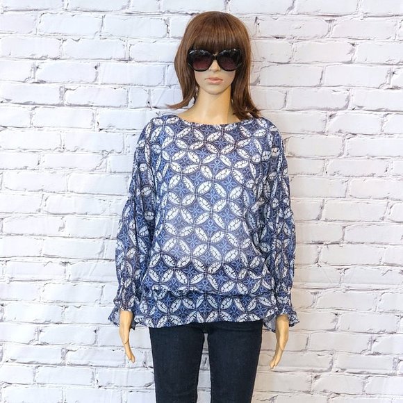 NWOT eShakti blue and white print sheer top - Picture 5 of 15